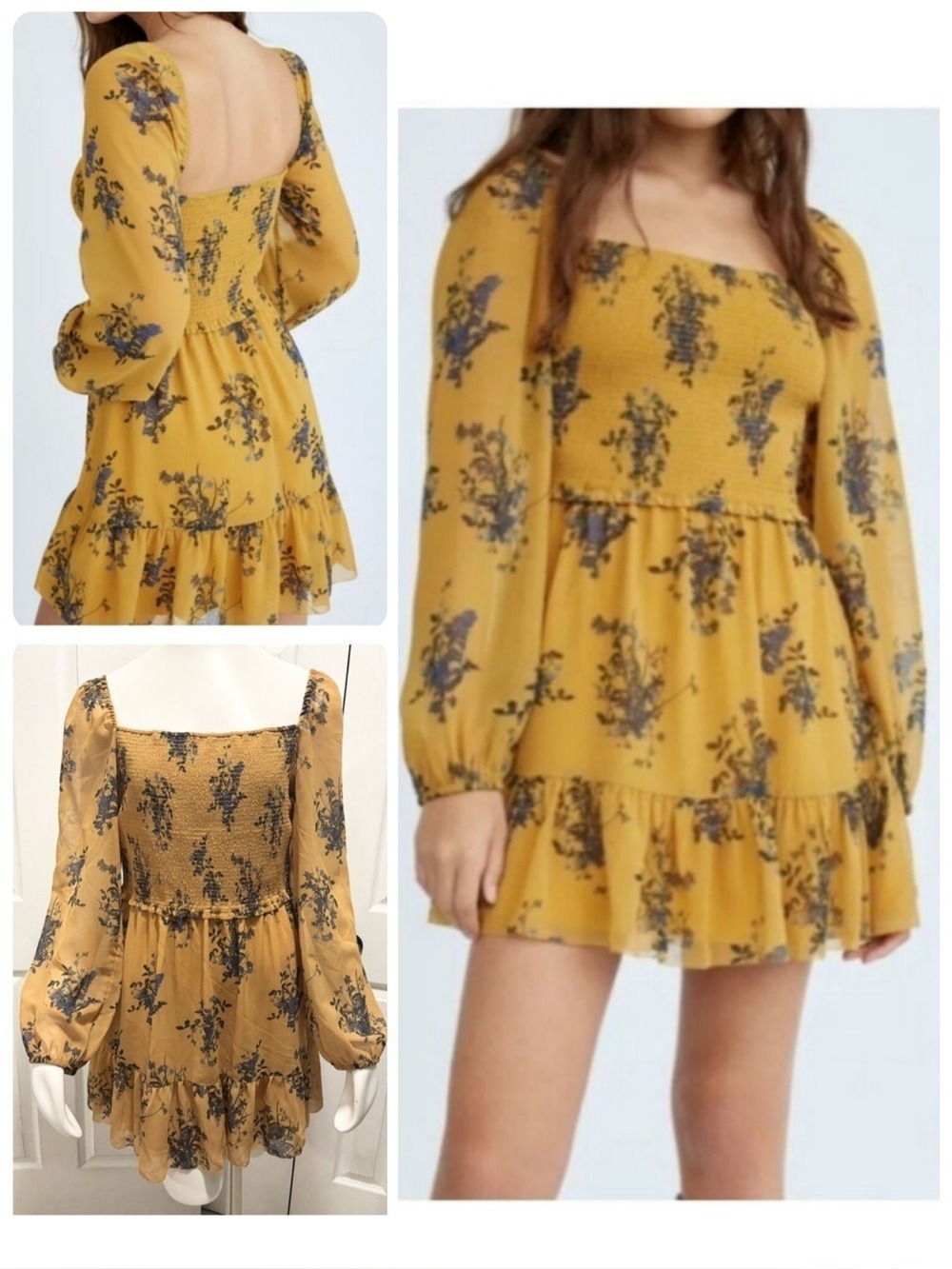 Aritzia Wilfred Tempest Floral Print Long Sleeve Mini Dress Gold Blue Size Large